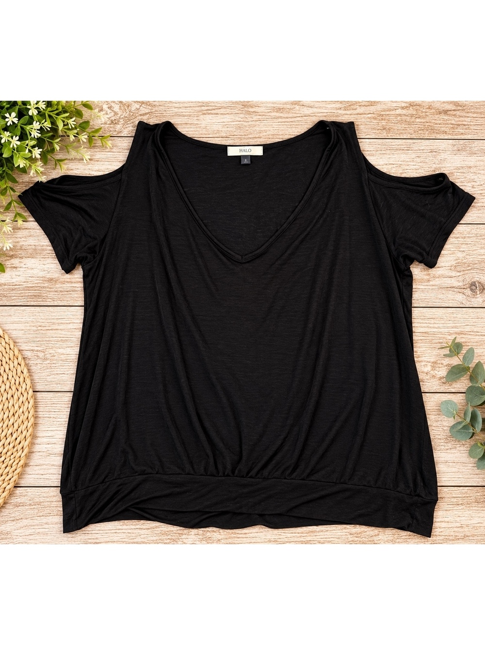 Halo Small Black Cold Shoulder V Neck Top Short Sleeve Relaxed Basic Tee